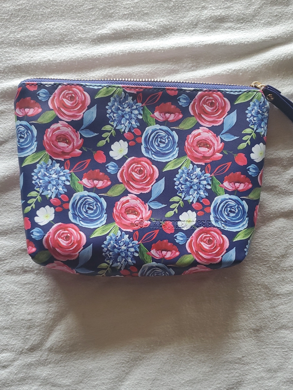 Navy Floral Cosmetic Pouch with Pink & Blue Roses - Picture 1 of 3